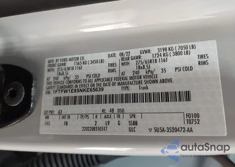 2022 Ford F-150 Xlt из США, поврежденный, VIN 1FTFW1E85NKE65639